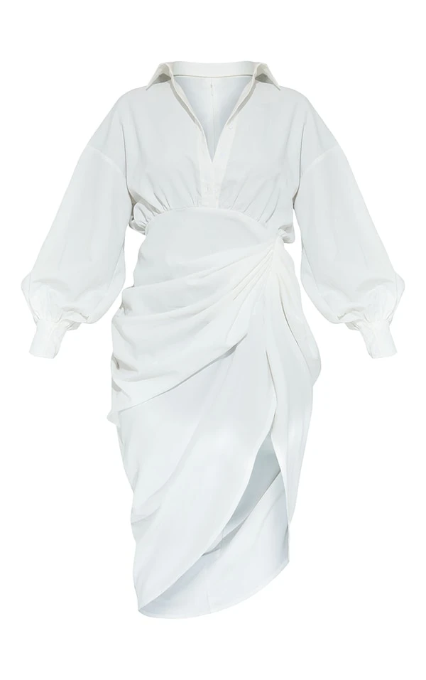 Robe Chemise Mi-longue Blanche à Manches Ballon Et Jupe Froncée 5 Robe Chemise Mi-longue Blanche à Manches Ballon Et Jupe Froncée – Image 5