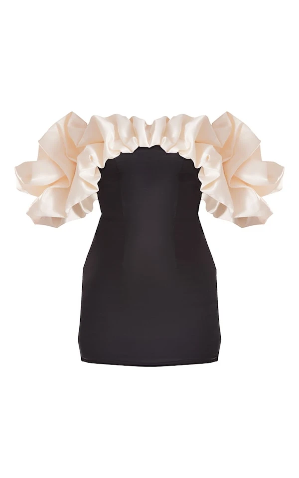 Robe Moulante Satinée Noire à Col Bardot Et Volants Contrastants 5 Robe Moulante Satinée Noire à Col Bardot Et Volants Contrastants – Image 5