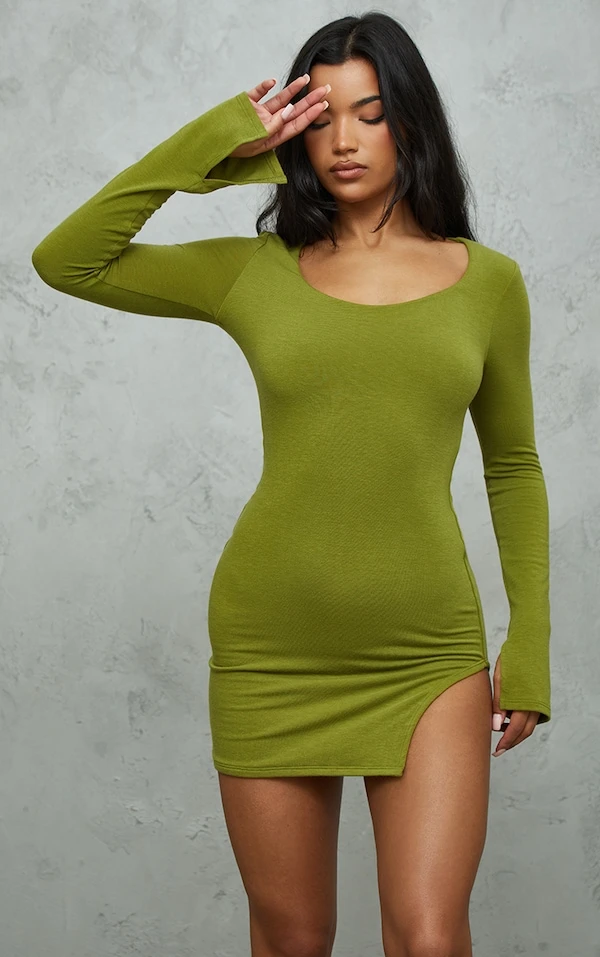 Robe Moulante En Jersey Vert Olive Fendue Détail Contours à Col Arrondi 1 Robe Moulante En Jersey Vert Olive Fendue Détail Contours à Col Arrondi