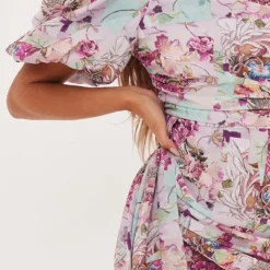 Robe Moulante Asymétrique Rose Fleurie Abstraite Drapée à Manche Bouffante -Jupe Lumine Soldes Boutique c424316af17add5912906b1d16998b465ed6dfa9 cnd4314 4