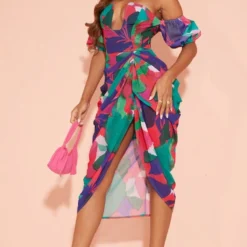 Robe Mi-longue Drapée Multicolore Imprimé Abstrait à Manches Bouffantes Et Armatures -Jupe Lumine Soldes Boutique c4909f59ed121b0161170b54ff0491d1da2da403 cmz1476 4