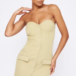 Robe Bustier Moulante Vert Sauge Kaki à Boutons Et Poches