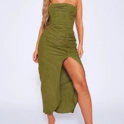 Robe Bustier Mi-longue Kaki Effet Lin Froncée Plissée
