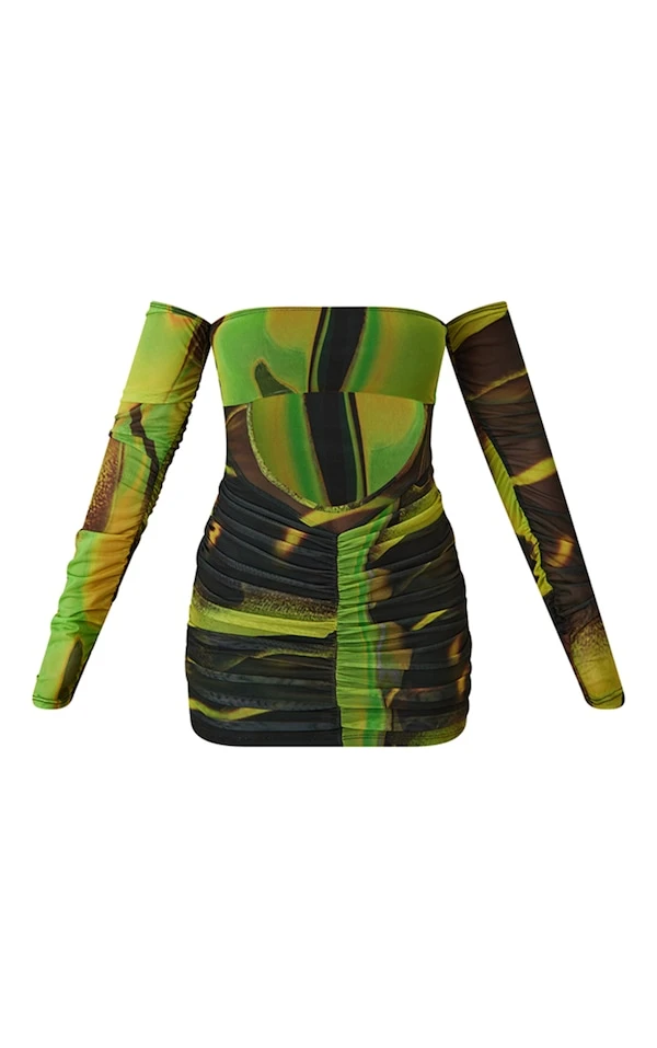 Robe Moulante Froncée En Mesh Imprimé Fumée Vert à Col Bardot 5 Robe Moulante Froncée En Mesh Imprimé Fumée Vert à Col Bardot – Image 5