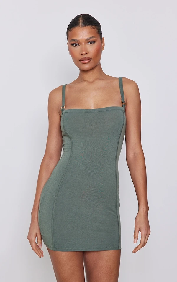 Robe Moulante En Jersey Kaki Mousse à Liserés Et Empiècements 3 Robe Moulante En Jersey Kaki Mousse à Liserés Et Empiècements – Image 3