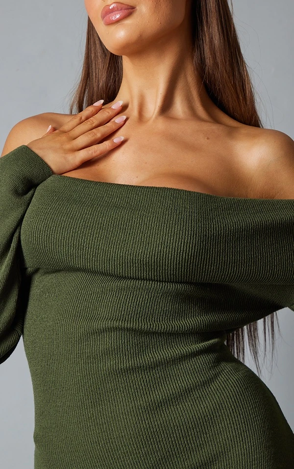 Robe Mi-longue Kaki En Maille Tricot à Col Bardot 4 Robe Mi-longue Kaki En Maille Tricot à Col Bardot – Image 4