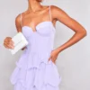 Robe Moulante Volantée Lilas En Mousseline De Soie à Bonnets Plissés