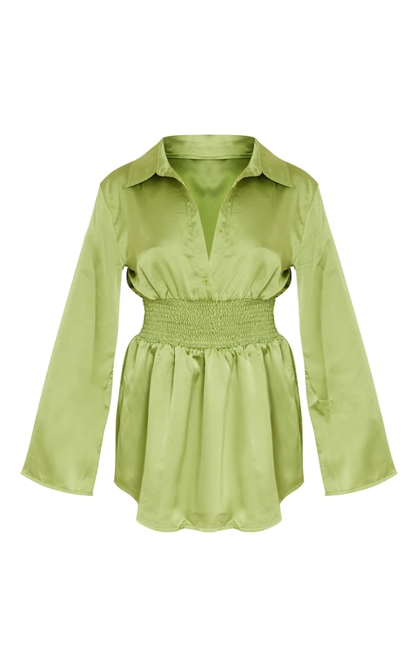 Robe Chemise Satinée Vert Olive à Taille Froncée 5 Robe Chemise Satinée Vert Olive à Taille Froncée – Image 5