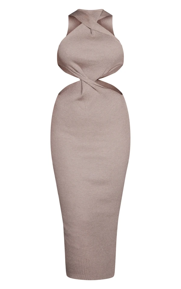 Robe Longue En Maille Tricot Café Au Lait à Devant Torsadé 5 Robe Longue En Maille Tricot Café Au Lait à Devant Torsadé – Image 5