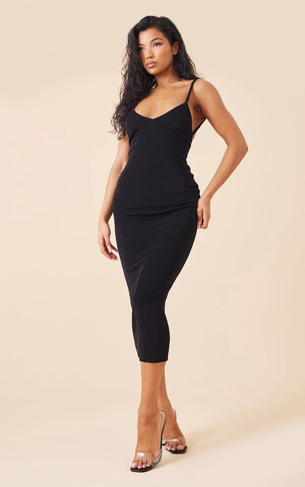 Robe Mi-longue En Acétate Noire à Bretelles Et Dos Plongeant Détail Noeud 2 Robe Mi-longue En Acétate Noire à Bretelles Et Dos Plongeant Détail Noeud – Image 2