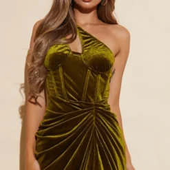 Robe Mi-longue En Velours Vert Olive à épaule Unique, Détail Corset Et Drapée Sur Le Côté -Jupe Lumine Soldes Boutique cadea9955023793b113d6f365af6d34b8f567691 cmu4096 5