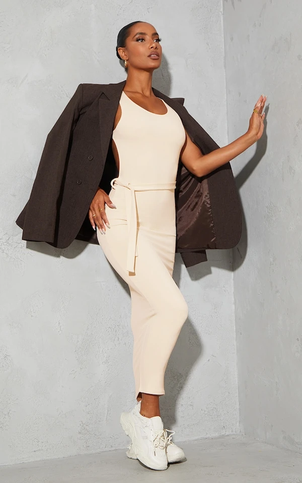 Robe Longue Gris Pierre Côtelée à Dos Ouvert Et Lien Taille 2 Robe Longue Gris Pierre Côtelée à Dos Ouvert Et Lien Taille – Image 2