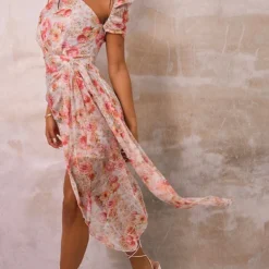 Robe Moulante Asymétrique En Mousseline De Soie Rose Fleurie à Drapé -Jupe Lumine Soldes Boutique cc7e2de621fe85049578d751c81592c312f905b6 CMW3761 3
