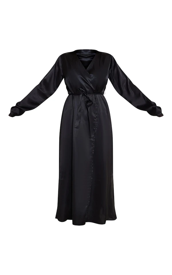 Robe De Chambre Satinée Noire à Bordures En Dentelle 5 Robe De Chambre Satinée Noire à Bordures En Dentelle – Image 5