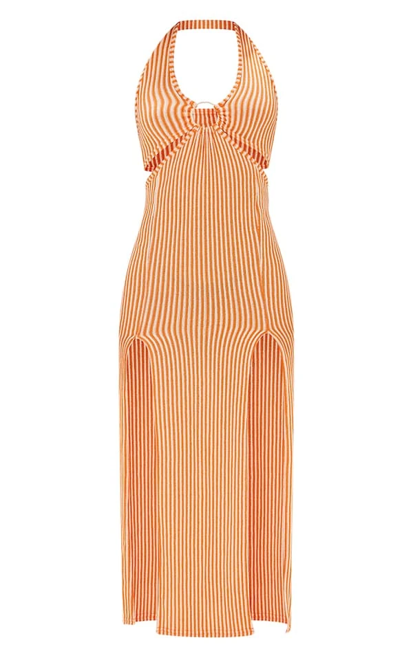 Robe Longue Orange Rayée à Détail Anneau Et Dos Nu 5 Robe Longue Orange Rayée à Détail Anneau Et Dos Nu – Image 5