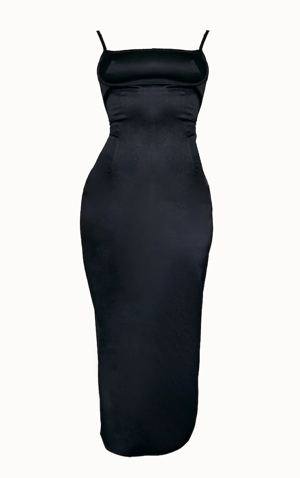 Robe Longue Satinée Noire à Buste Contrastant 5 Robe Longue Satinée Noire à Buste Contrastant – Image 5