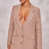 Robe Blazer Effet Lin Beige à Détail Poches