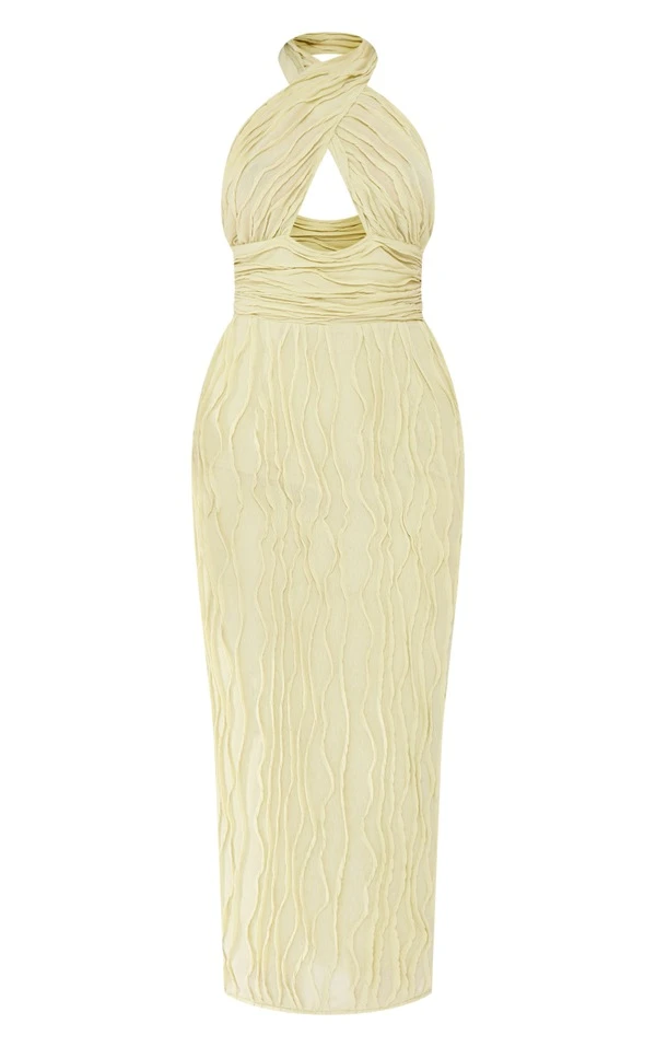 Robe Mi-longue En Jersey Texturé Vert Sauge à Bretelles Croisées Au Cou 5 Robe Mi-longue En Jersey Texturé Vert Sauge à Bretelles Croisées Au Cou – Image 5