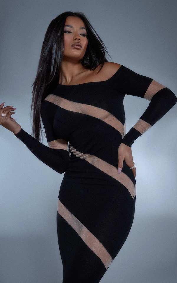 Robe En Maille Tricot Transparente Noire à Parties Contrastantes 4 Robe En Maille Tricot Transparente Noire à Parties Contrastantes – Image 4