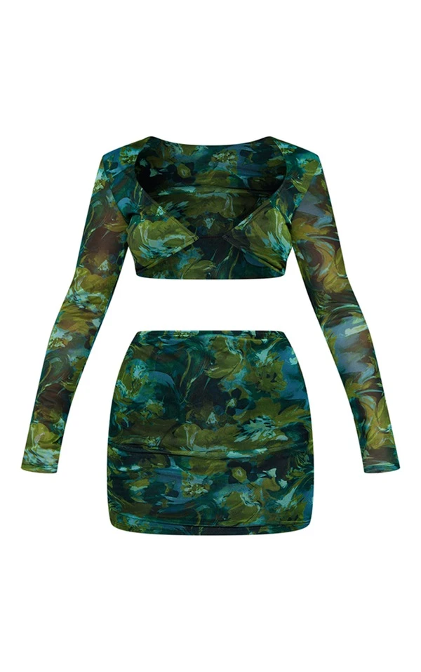 Robe Moulante En Mesh Vert Imprimé Abstrait à Manches Longues Et Découpes 5 Robe Moulante En Mesh Vert Imprimé Abstrait à Manches Longues Et Découpes – Image 5