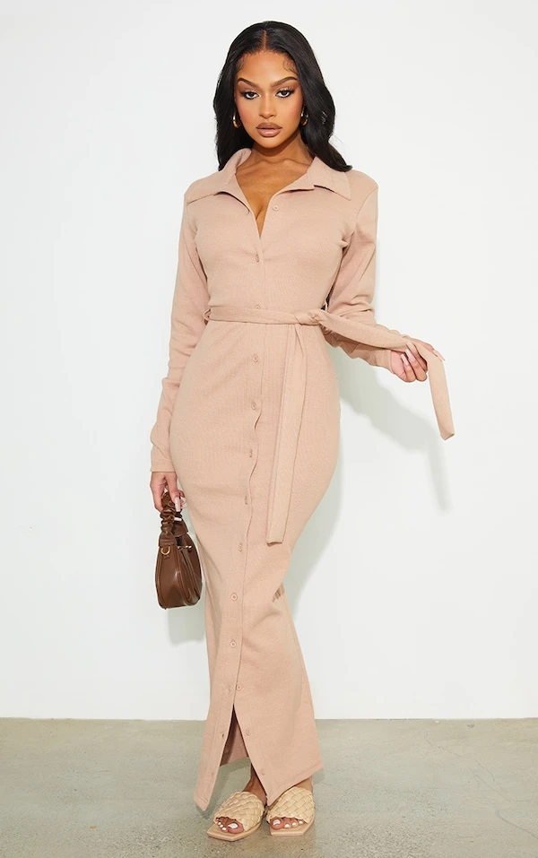 Robe Longue Côtelée Taupe à Col Et Boutons Détail Taille Nouée 1 Robe Longue Côtelée Taupe à Col Et Boutons Détail Taille Nouée