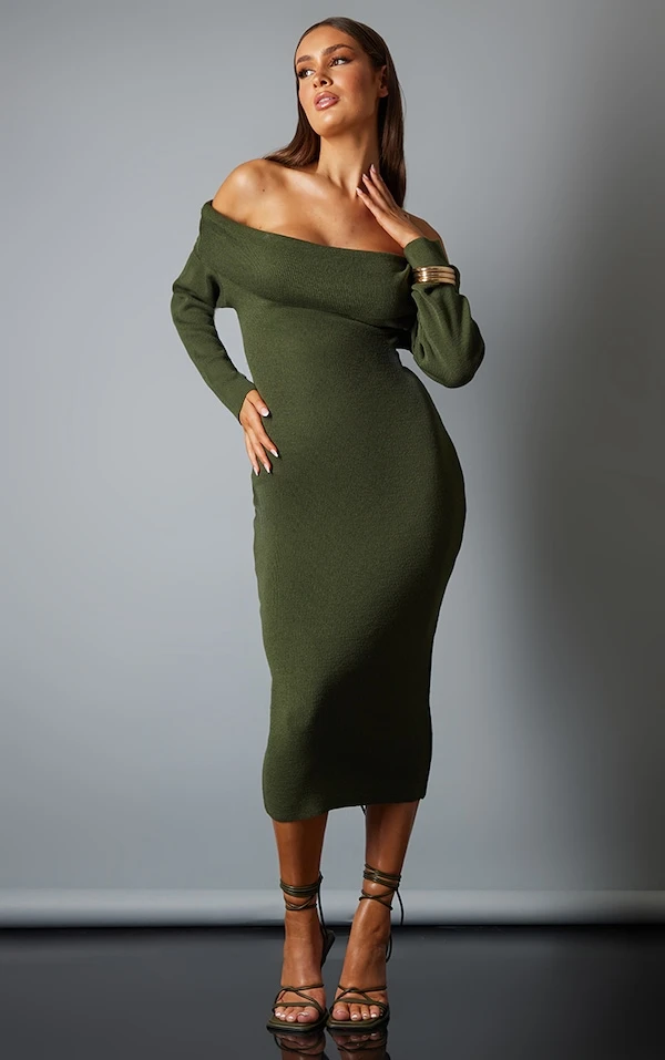 Robe Mi-longue Kaki En Maille Tricot à Col Bardot 3 Robe Mi-longue Kaki En Maille Tricot à Col Bardot – Image 3