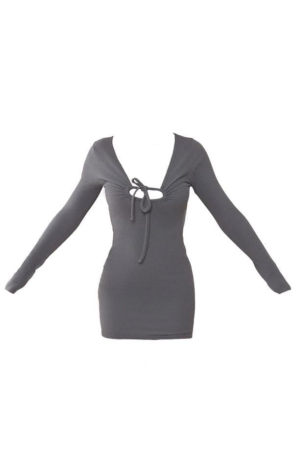 Robe Moulante Texturée Froncée Gris Anthracite à Manches Longues Et Liens Noués 5 Robe Moulante Texturée Froncée Gris Anthracite à Manches Longues Et Liens Noués – Image 5