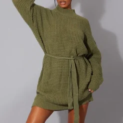 Robe Pull Kaki En Maille Tricot Douce à Ceinture