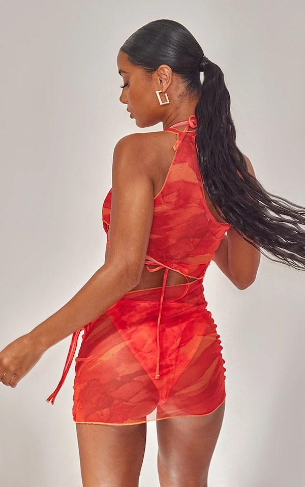 Mini Robe De Plage En Mesh Orange Vif Javélisé à Découpes 2 Mini Robe De Plage En Mesh Orange Vif Javélisé à Découpes – Image 2