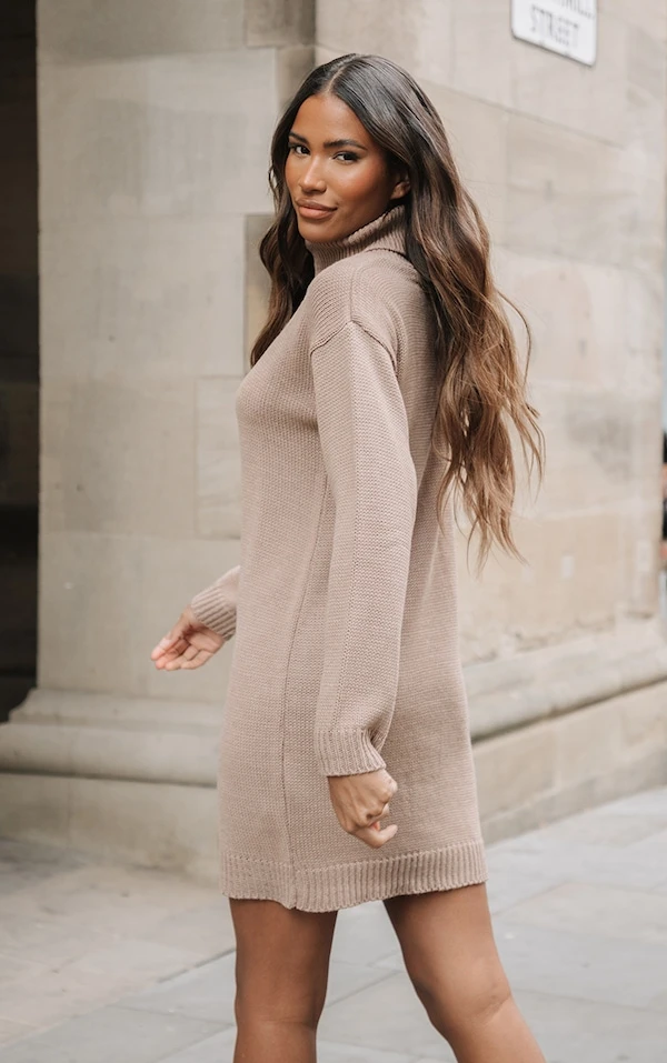 Robe Pull Café Au Lait Basique En Maille Tricot à Col Roulé 2 Robe Pull Café Au Lait Basique En Maille Tricot à Col Roulé – Image 2