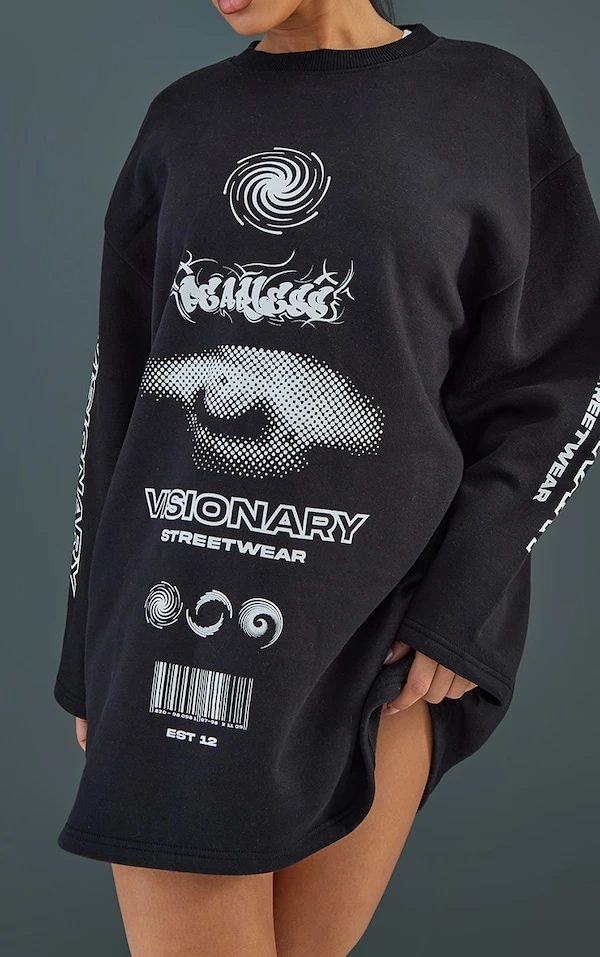 Robe Pull Noire Oversize à Col Rond Et Slogan Fearless 5 Robe Pull Noire Oversize à Col Rond Et Slogan Fearless – Image 5