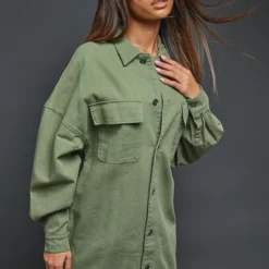 Robe Chemise En Jean Kaki Oversize
