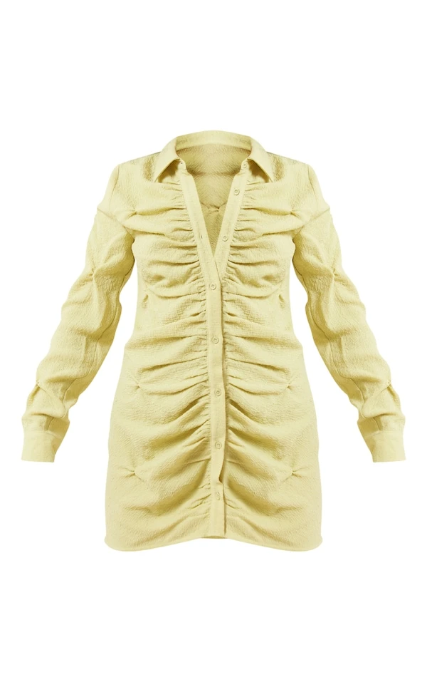 Robe Chemise Vert Olive Texturée Froncée à Boutons 5 Robe Chemise Vert Olive Texturée Froncée à Boutons – Image 5