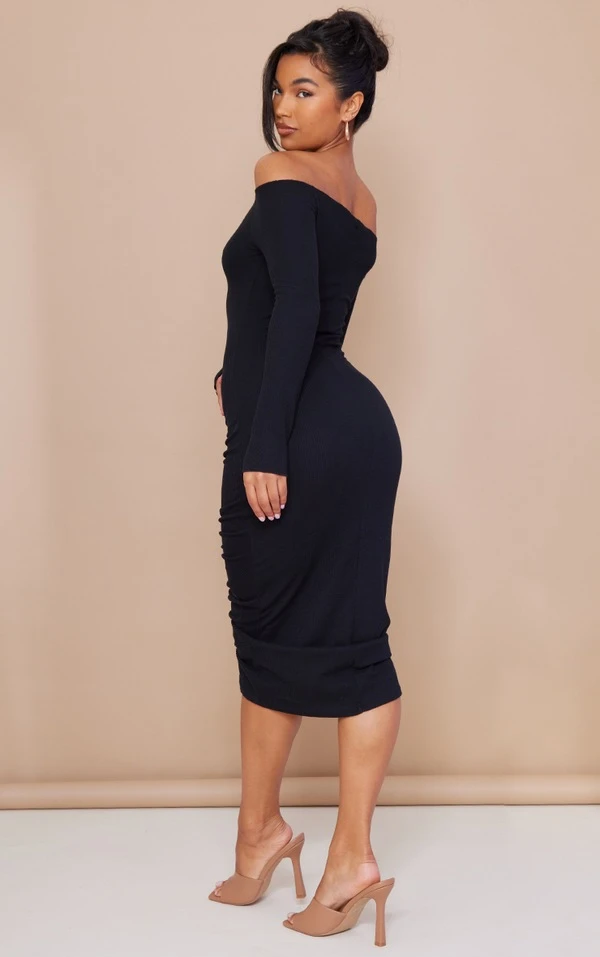 Robe Mi-longue Noire à Col Bardot Et Fronces 2 Robe Mi-longue Noire à Col Bardot Et Fronces – Image 2