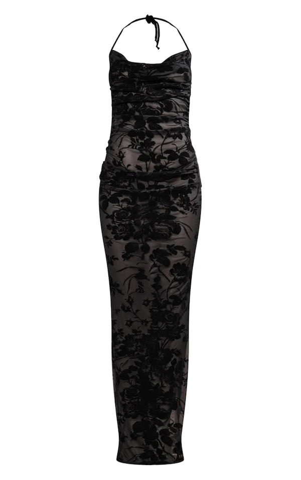 Robe Longue Fleurie Noire Floquée Transparente Froncée à Bretelles Et Dos Nu 5 Robe Longue Fleurie Noire Floquée Transparente Froncée à Bretelles Et Dos Nu – Image 5