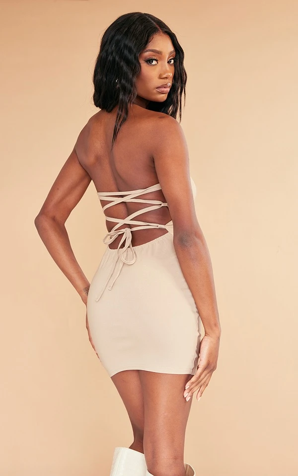 Robe Moulante Côtelée Gris Pierre Tissée Stretch Lacée Dans Le Dos 1 Robe Moulante Côtelée Gris Pierre Tissée Stretch Lacée Dans Le Dos