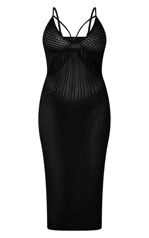 Robe Mi-longue Noire En Maille Pointelle à Parties Contrastantes 5 Robe Mi-longue Noire En Maille Pointelle à Parties Contrastantes – Image 5