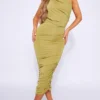 Robe Mi-longue Moulante Vert Olive Asymétrique Froncée