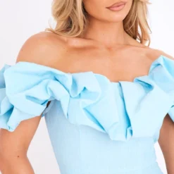 Robe Moulante Effet Lin Bleu Clair Volantée à Col Bardot -Jupe Lumine Soldes Boutique d6f1f29ffca67d3538881f836766906595b46456 cnd5921 4