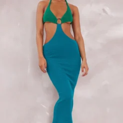 Robe Longue En Maille Tricot Turquoise à Anneau