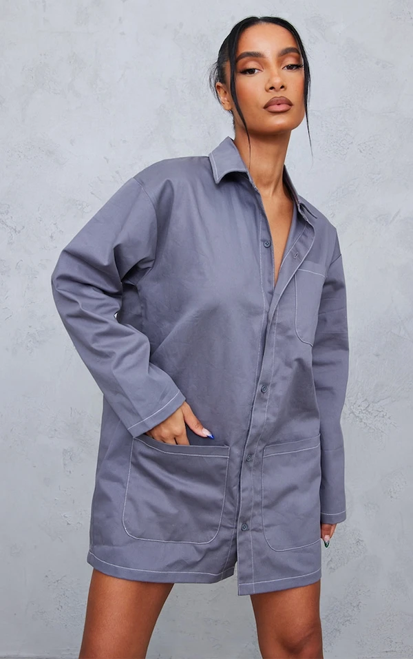 Robe Chemise Gris Anthracite à Coutures Contrastantes Et Poches Cargo 1 Robe Chemise Gris Anthracite à Coutures Contrastantes Et Poches Cargo