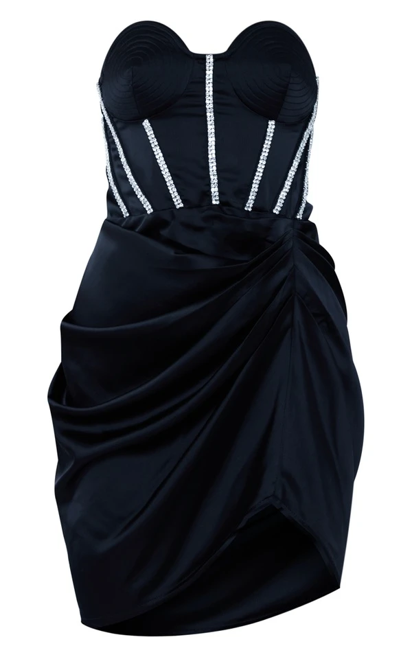 Robe Corset Moulante Noire Satinée Drapée à Strass 5 Robe Corset Moulante Noire Satinée Drapée à Strass – Image 5