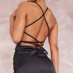 Robe Mi-longue Satinée Noire à Bretelles Lacées Dans Le Dos -Jupe Lumine Soldes Boutique da6c456b1c5a3e6e95219d15ce1f9417c9094efa cne3003 4