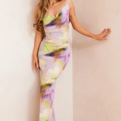 Robe Longue Plissée Multicolore à Imprimé Aquarelle Et Bretelles
