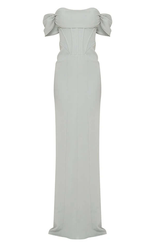 Robe De Soirée Style Corset Vert Sauge à Col Bardot 5 Robe De Soirée Style Corset Vert Sauge à Col Bardot – Image 5