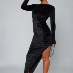 Robe Longue En Velours Noire Drapée Fendue à Dos Rond -Jupe Lumine Soldes Boutique ddad2f6980719921e76a7459630ac05d332a4281 cnb4669 3