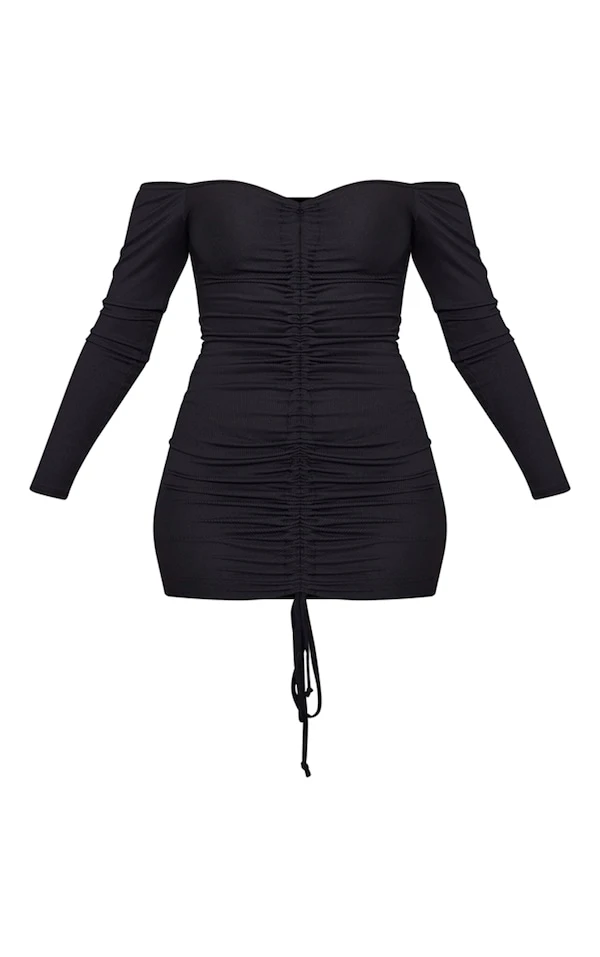 Robe Moulante Noire Côtelée & Froncée à Col Bardot Et Manches Longues 5 Robe Moulante Noire Côtelée & Froncée à Col Bardot Et Manches Longues – Image 5