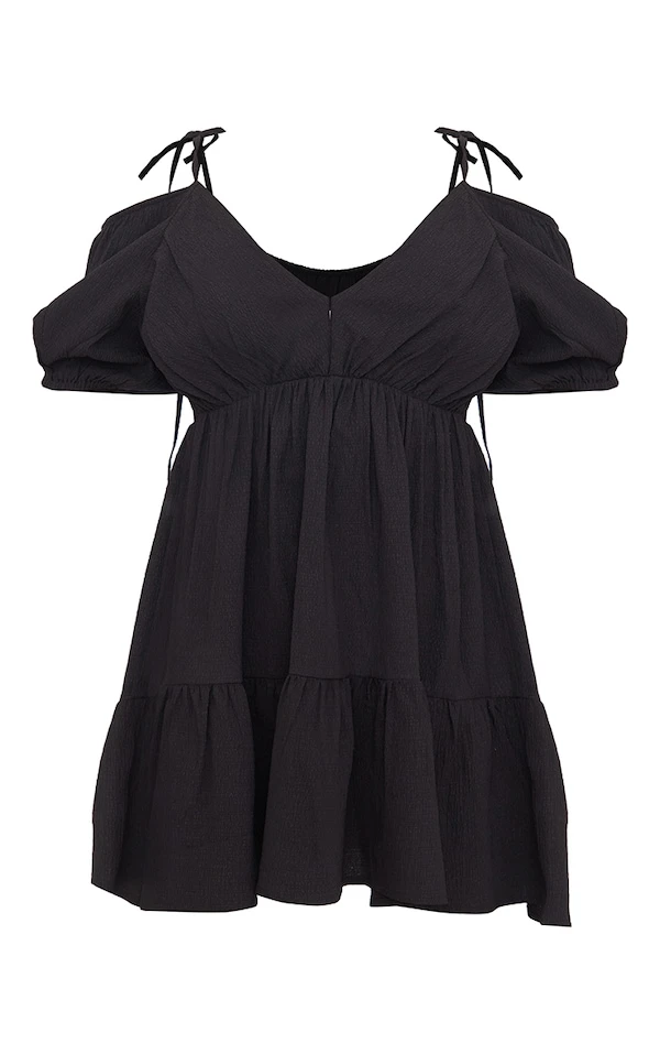 Robe Droite Texturée Noire à Manches Bouffantes Et Col En V 5 Robe Droite Texturée Noire à Manches Bouffantes Et Col En V – Image 5