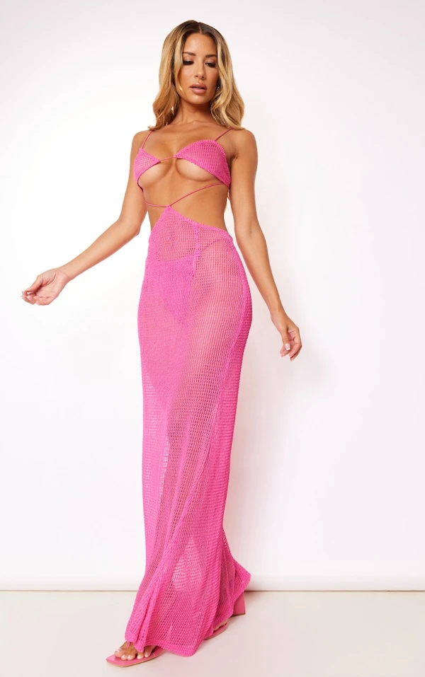 Robe De Plage Longue En Maille Rose à Bretelles Et Découpes 3 Robe De Plage Longue En Maille Rose à Bretelles Et Découpes – Image 3