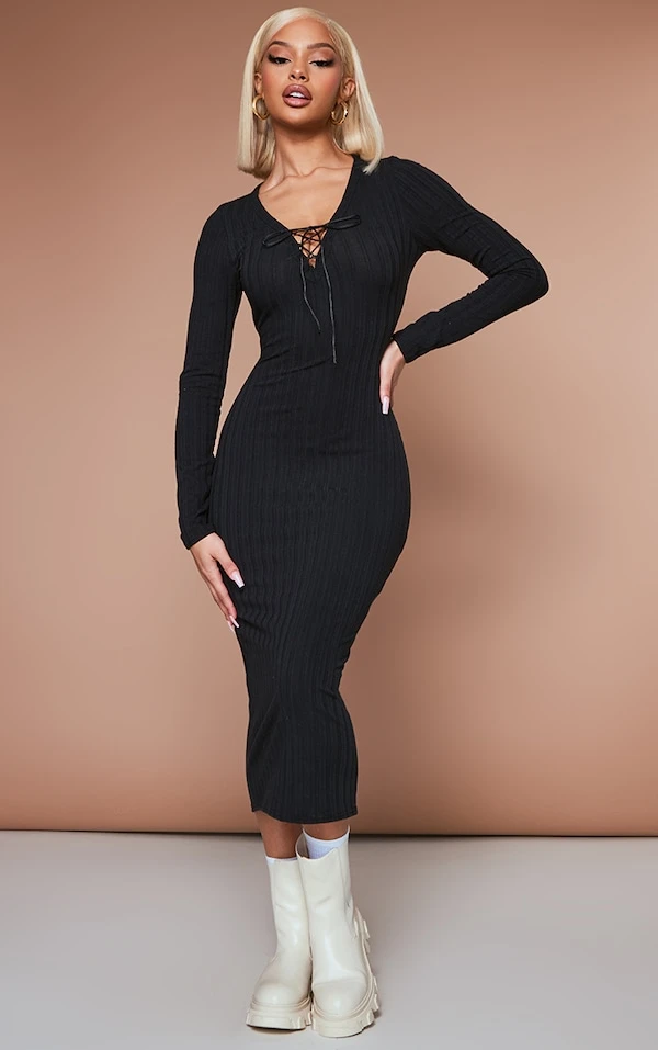 Robe Longue Côtelée Noire à Détail Lacé 1 Robe Longue Côtelée Noire à Détail Lacé